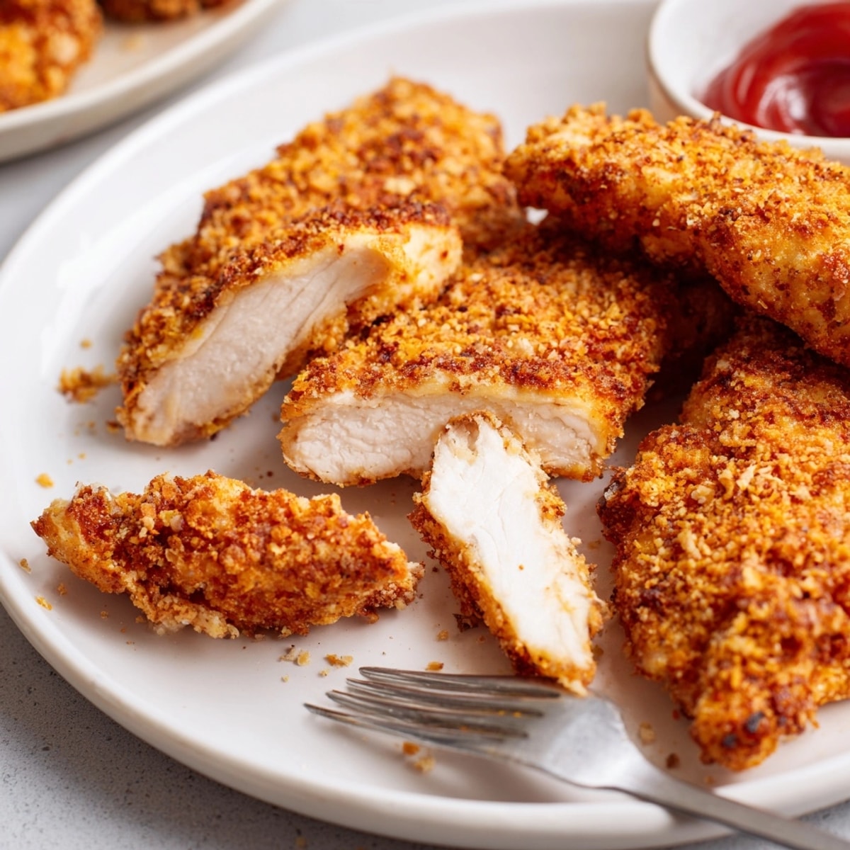 Crispy Baked Chicken Tenders arranged on a tray, golden brown and ready for dipping sauces.