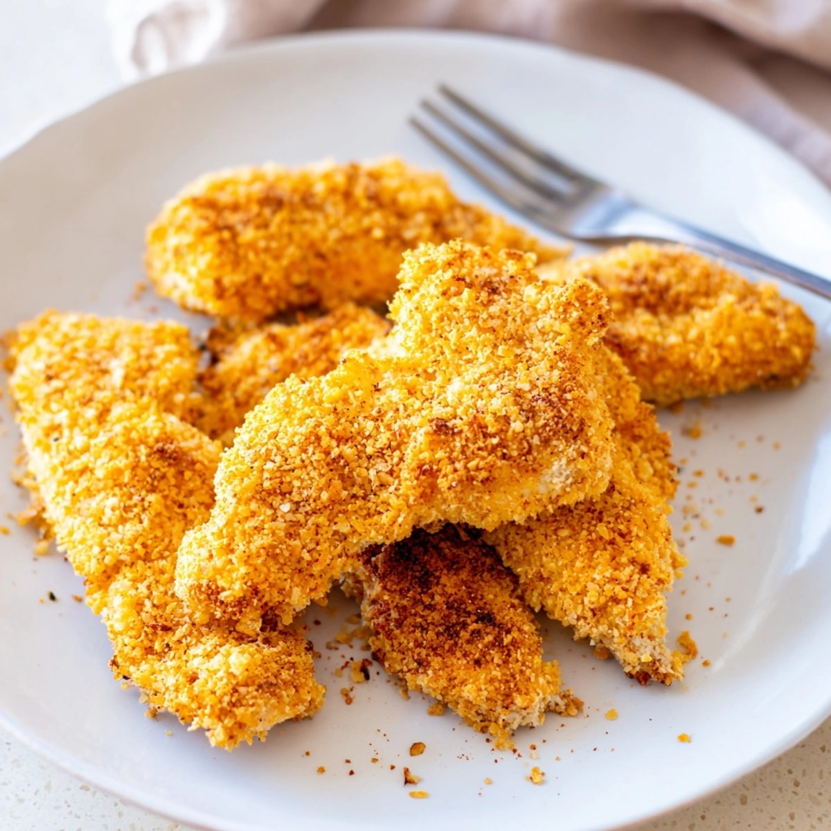 Plate of Crispy Baked Chicken Tenders served hot, garnished with herbs and accompanied by ranch dressing.
