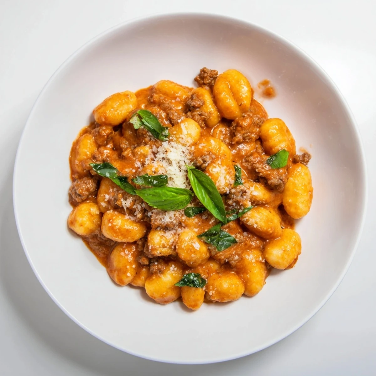 Steaming Creamy Tomato and Sausage Gnocchi, a comforting Italian meal, with fragrant basil garnish.