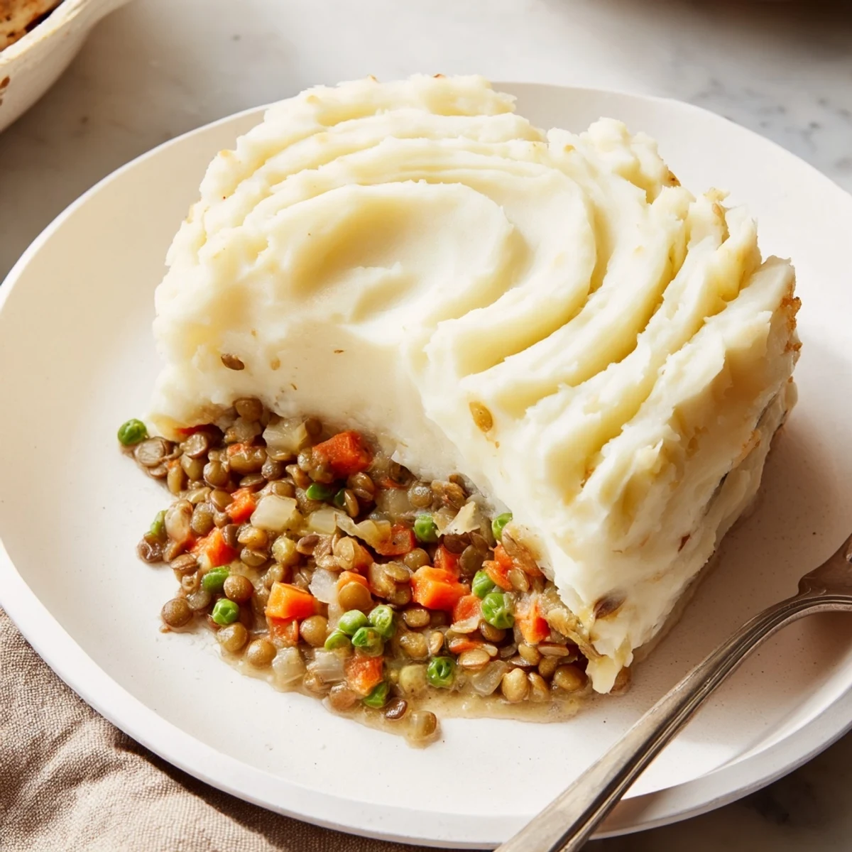 Steaming, golden-baked Hearty Lentil Shepherd's Pie overflowing with a savory lentil and vegetable base.