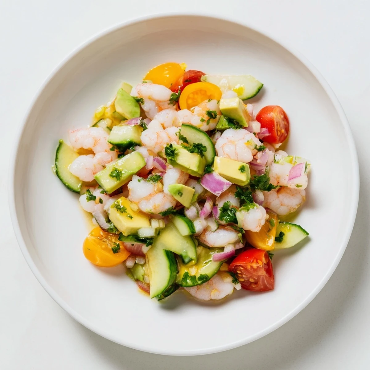 Vibrant Light & Fresh Shrimp Ceviche with colorful vegetables and citrus, ready to enjoy with chips.