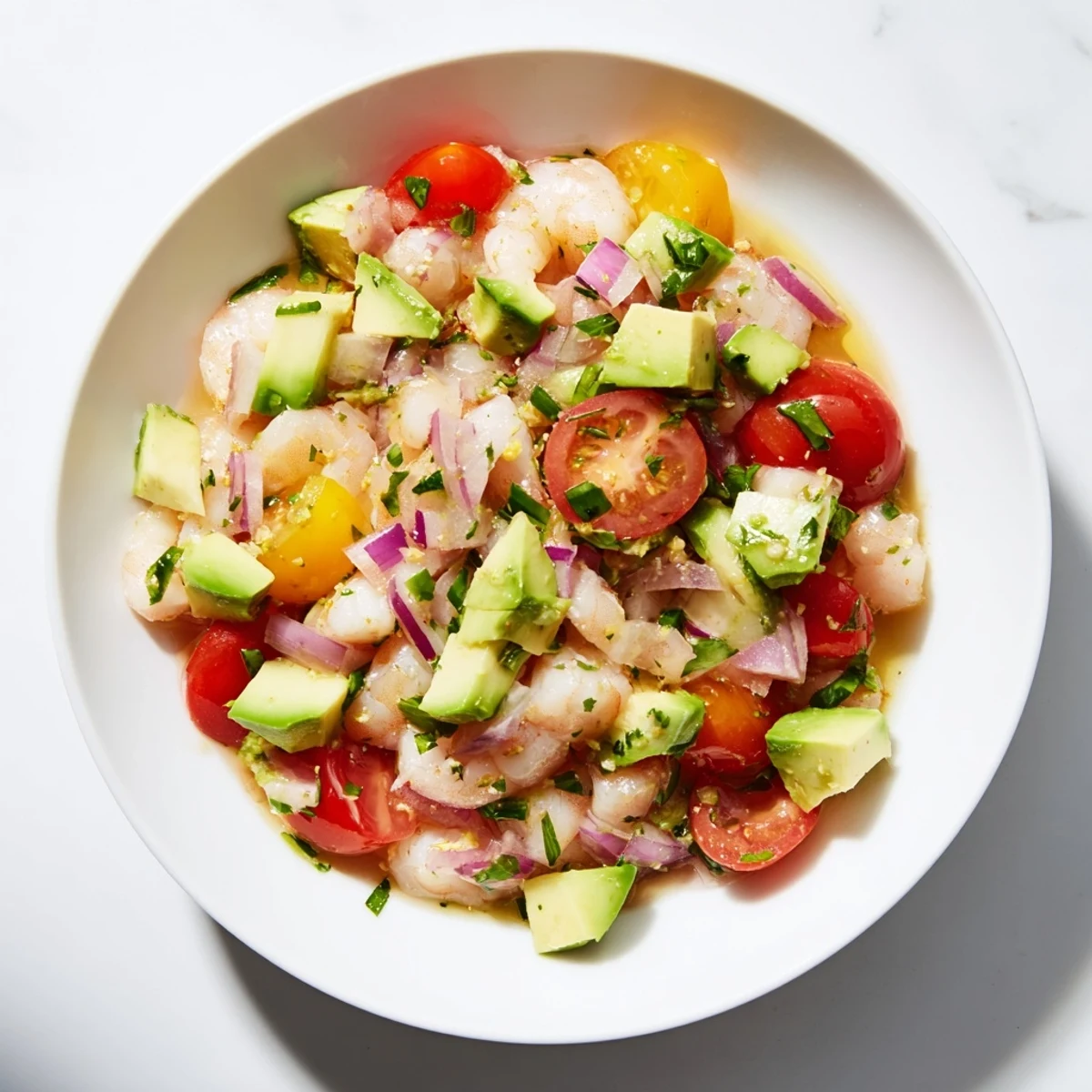 Bright, refreshing Light & Fresh Shrimp Ceviche with lime-cooked shrimp, red onion, and avocado, perfect as an appetizer.