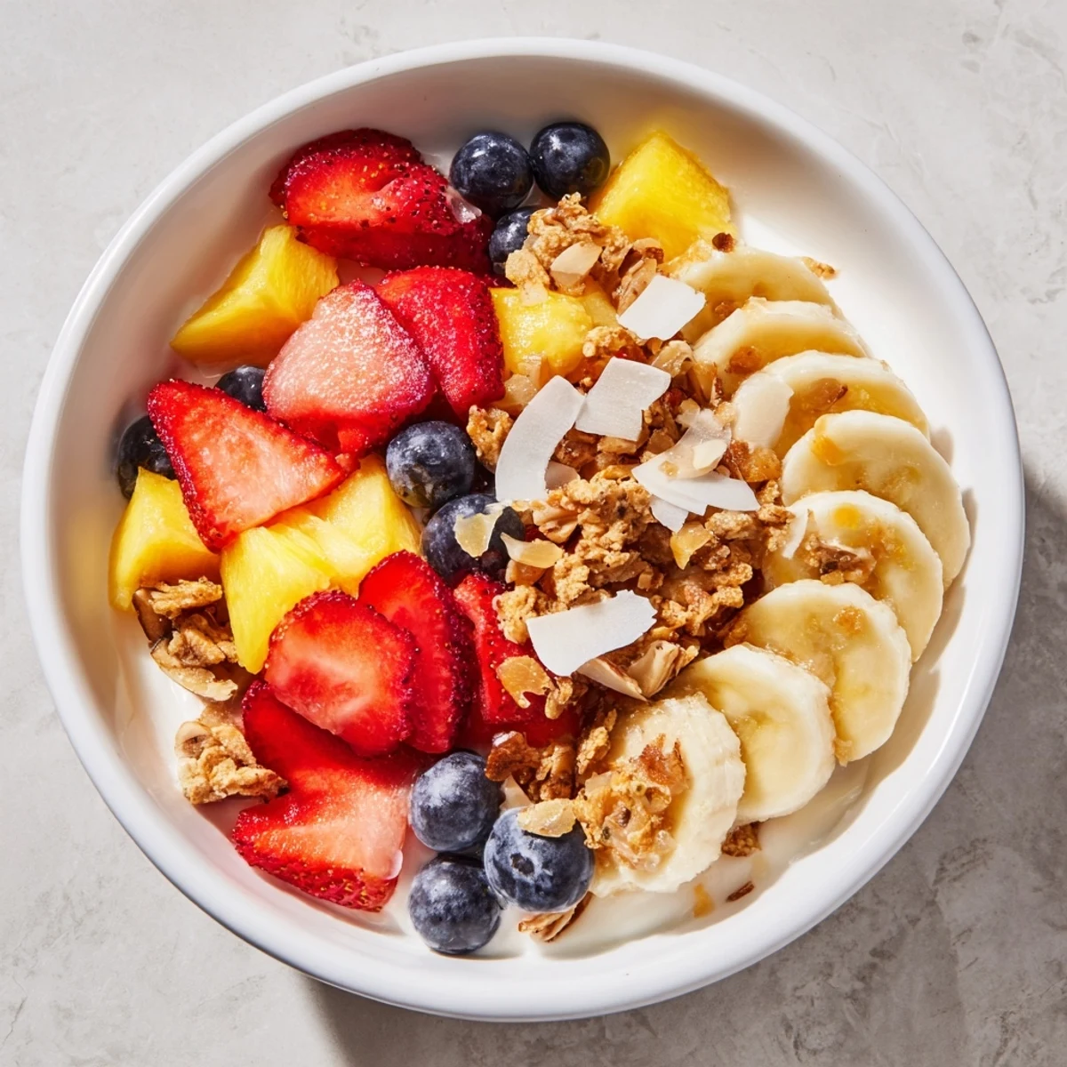 Vibrant bowl of Breakfast Smoothie Packs showing a creamy texture, topped with fresh fruit and granola.