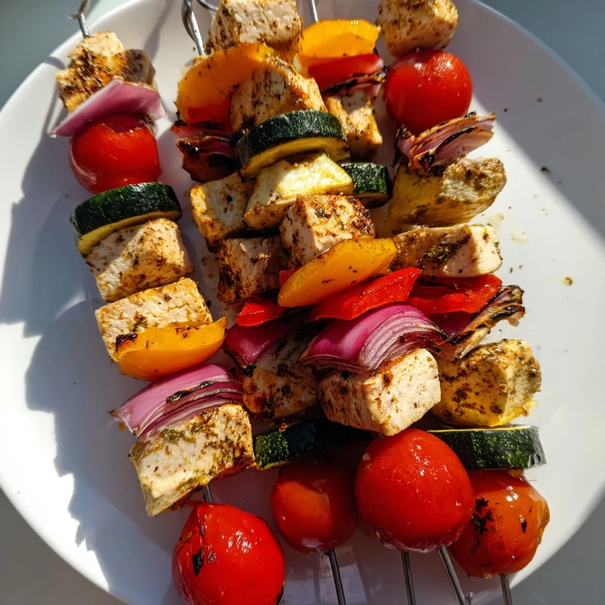 Vibrant Chicken and Veggie Skewers with juicy chicken and bright bell peppers, ready to serve and enjoy.