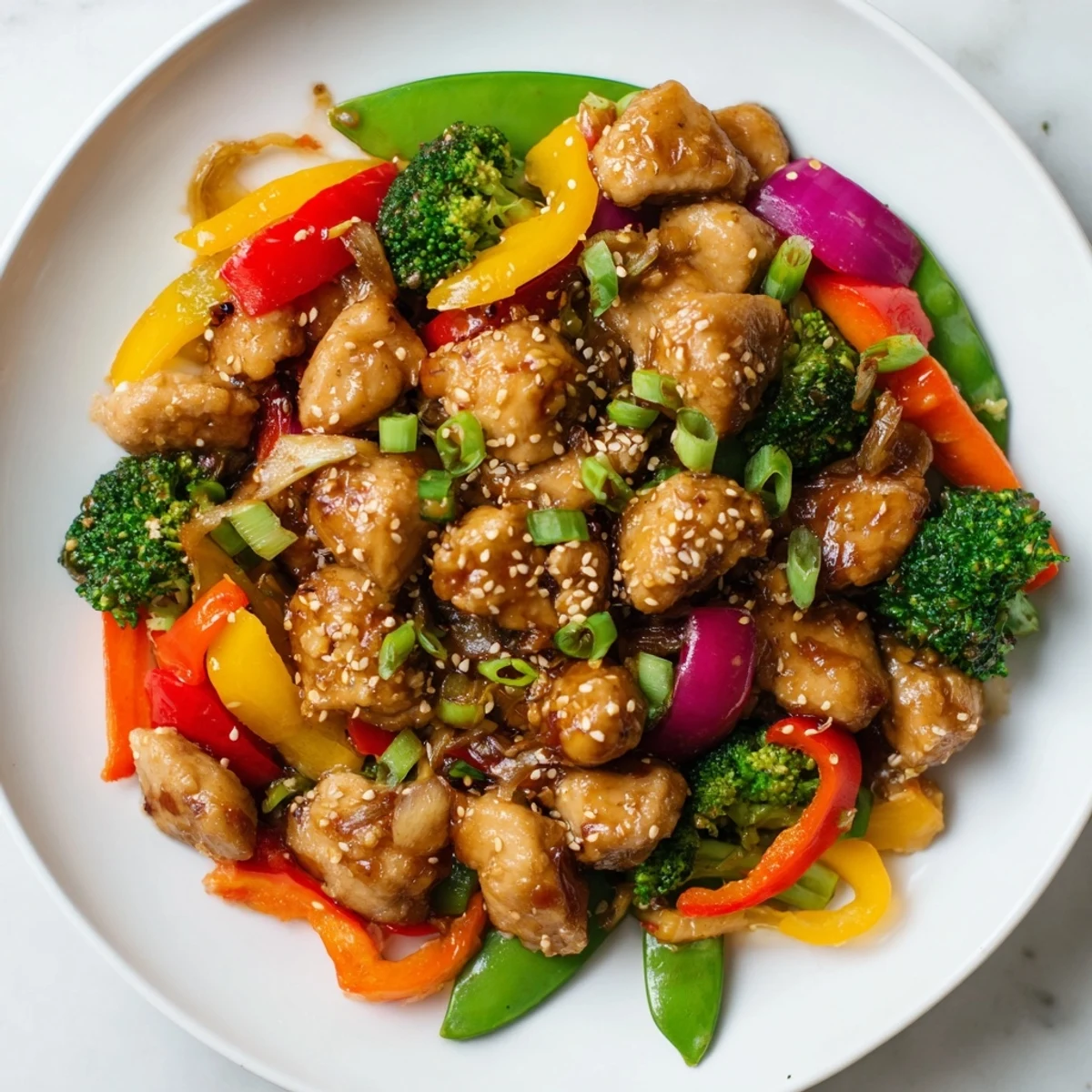 Sheet pan chicken stir-fry: colorful cooked vegetables and tender chicken in a glossy sauce.