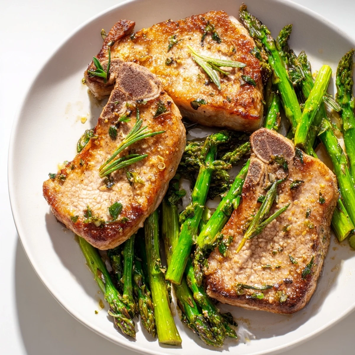 Vibrant image: One-Pan Lemon Herb Pork Chops with asparagus, golden-brown pork and tender vegetables.