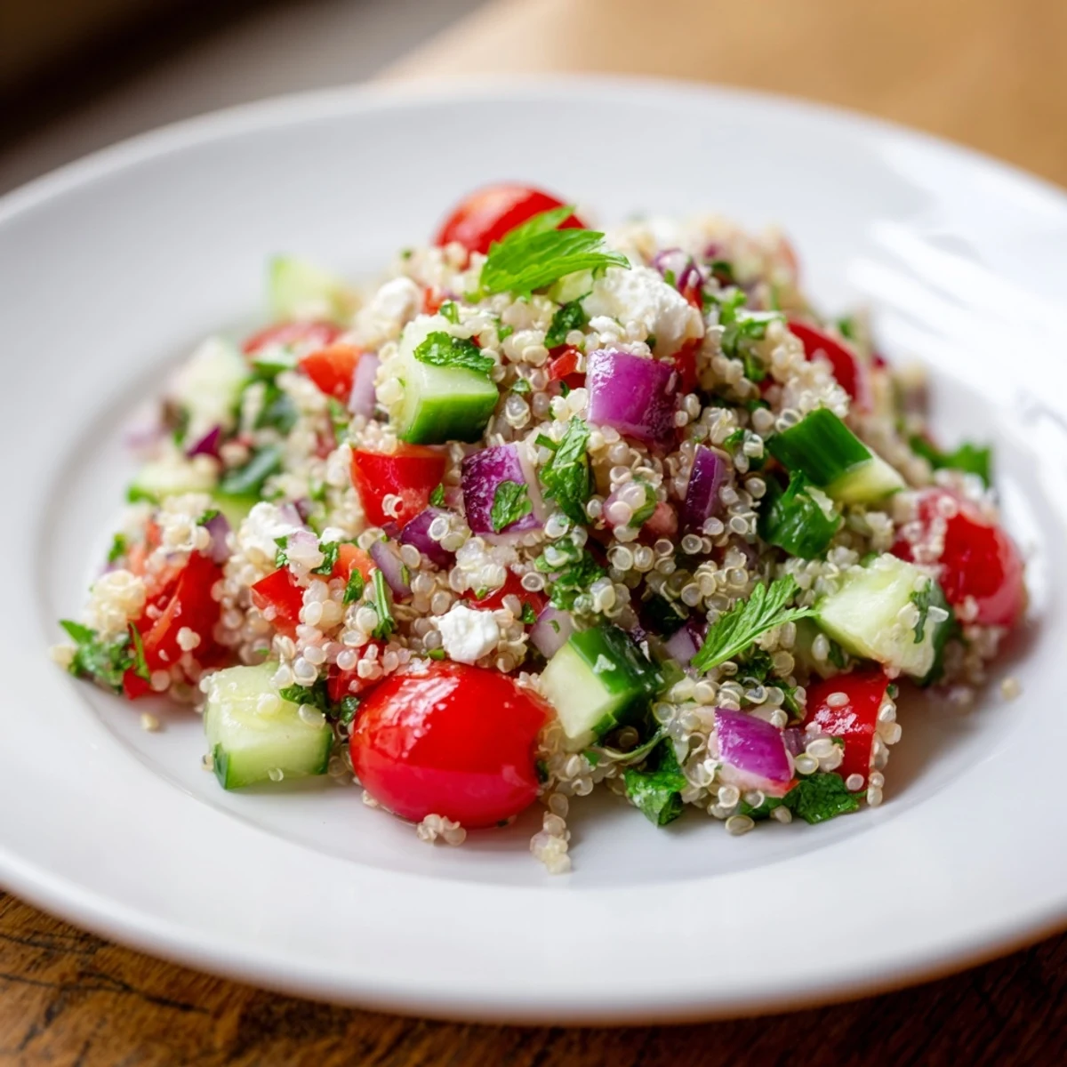 Make-Ahead Quinoa Salad, a colorful medley of fresh vegetables and tangy lemon vinaigrette prepared.