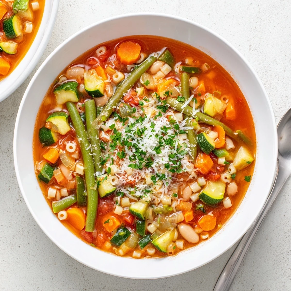 Steaming bowl of Simple One-Pot Minestrone Soup, ready to serve with Parmesan and fresh parsley.