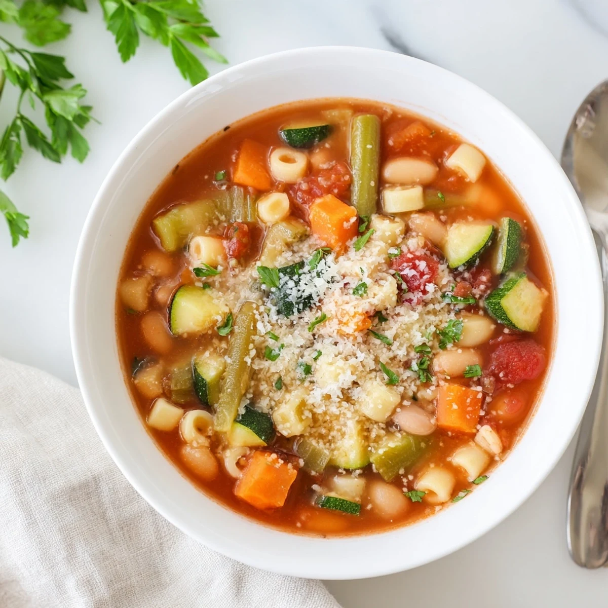 Warm and savory Simple One-Pot Minestrone Soup, perfect for a cozy, comforting weeknight meal.