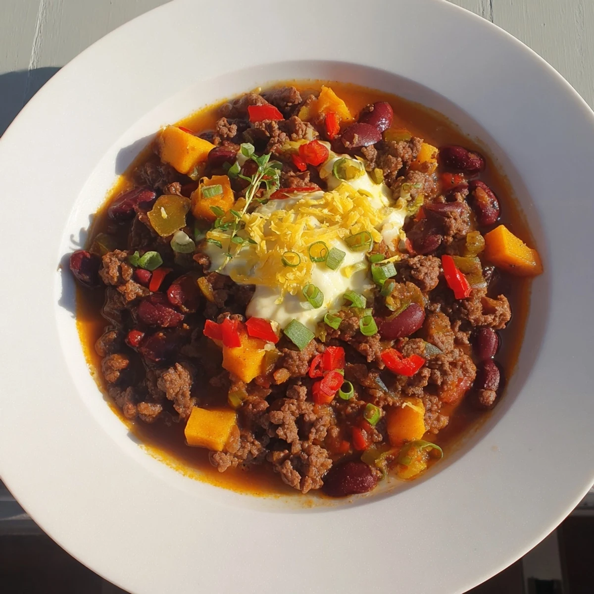 A steaming bowl of Winter Warming Chili con Carne with visible chunks of beef and beans.
