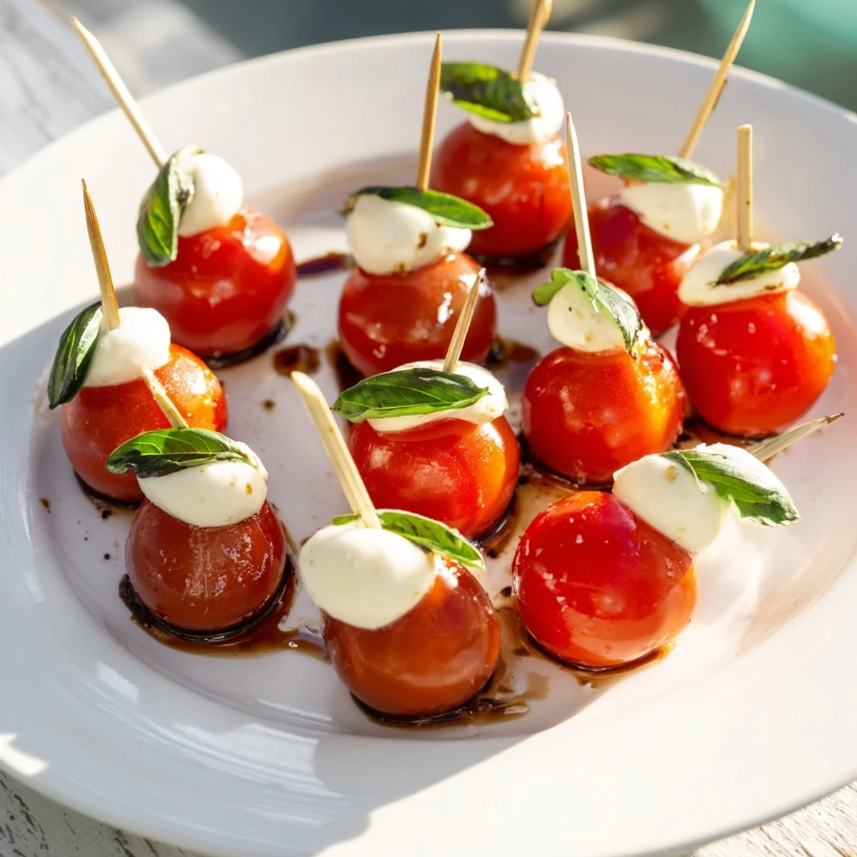 Fresh Caprese Salad Skewers glistening with balsamic glaze, ready for a delightful vegetarian appetizer.