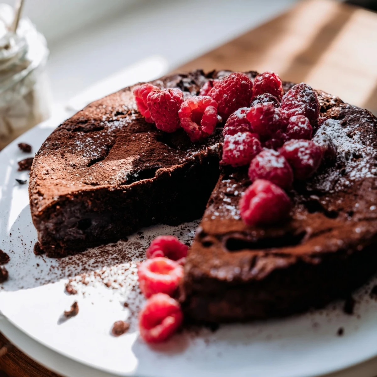 A slice of rich, fudgy decadent flourless chocolate cake, perfect for a gluten-free dessert.