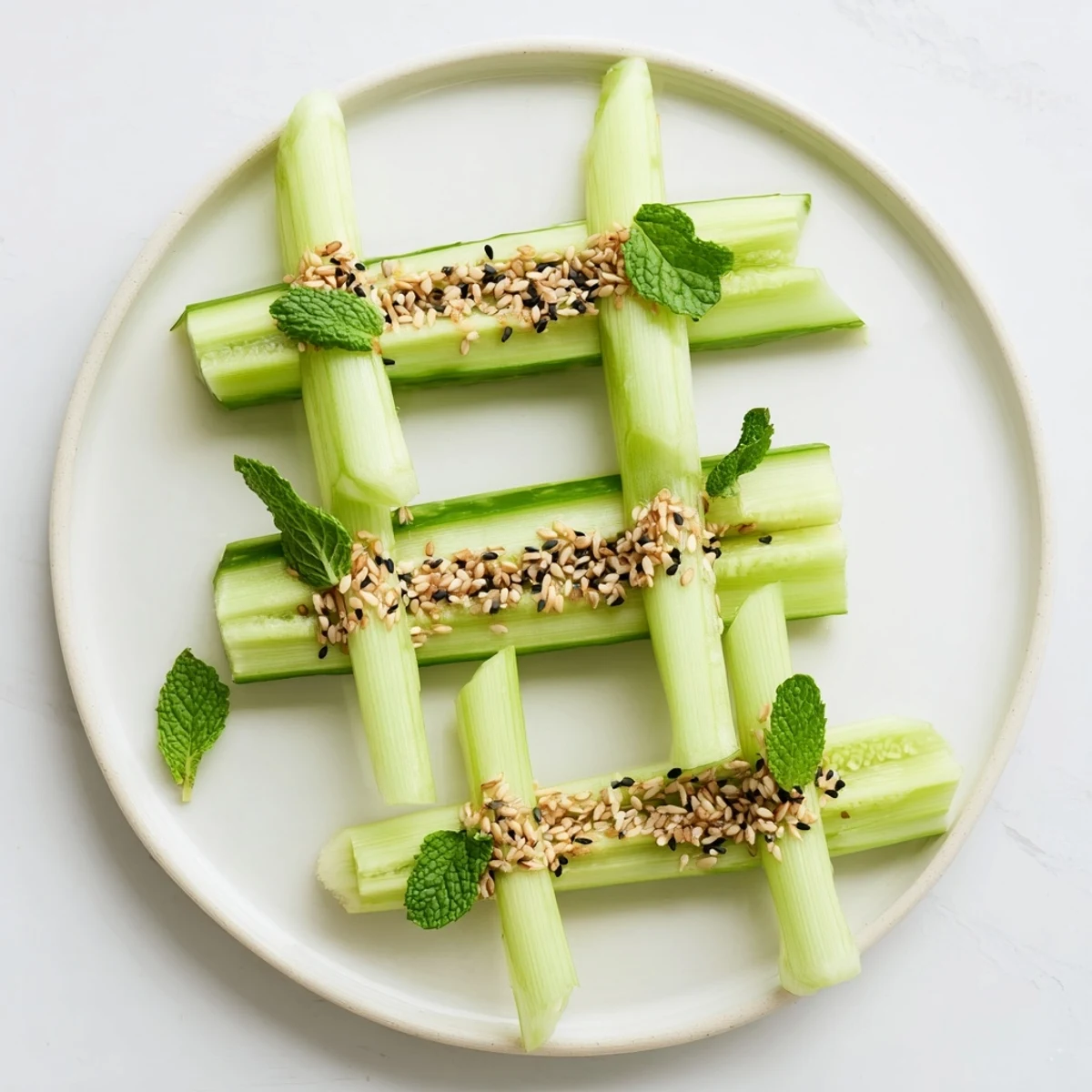 Crisp stalks of The Bamboo Zen appetizer arranged with sesame seeds and soy sauce for dipping.