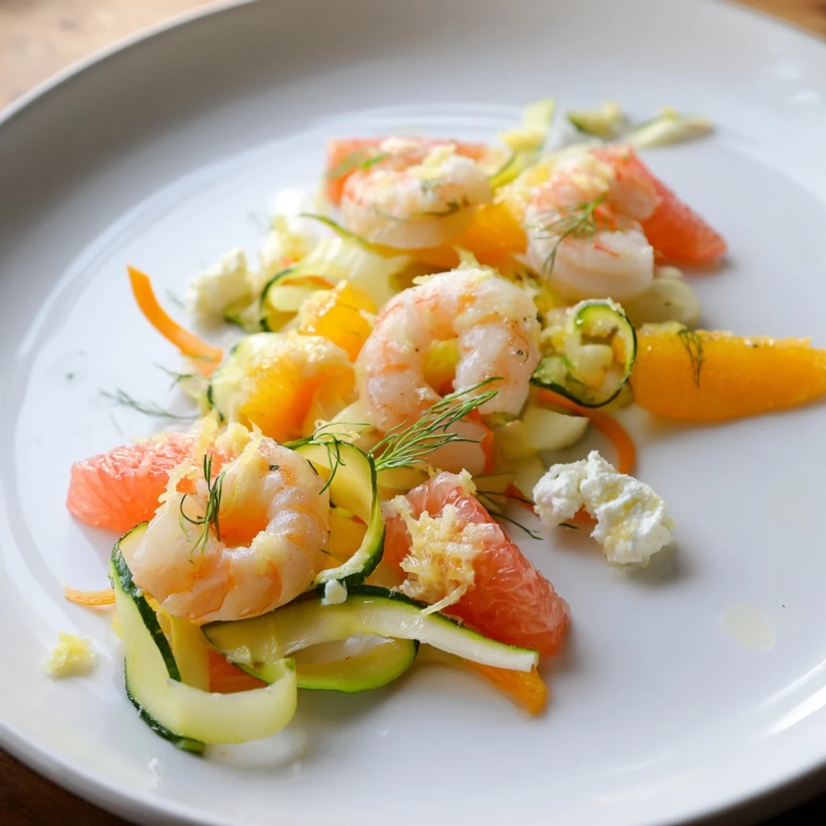 A colorful The Coral Reef dish: sautéed shrimp nestled with citrus and Gruyère, bubbling on a platter.
