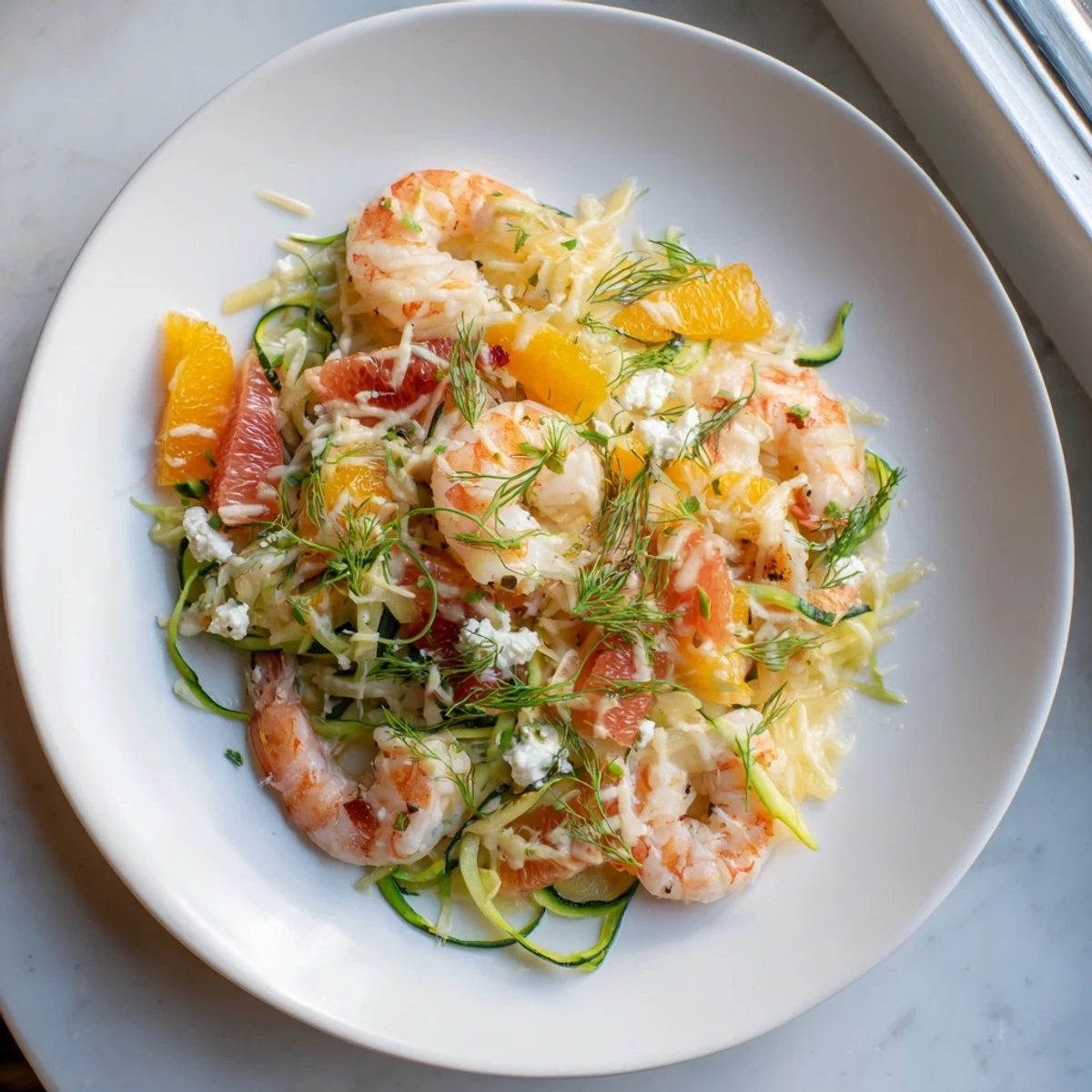Enjoy the visually stunning, gluten-free The Coral Reef, showcasing tender shrimp, bright citrus, and bubbly cheese.