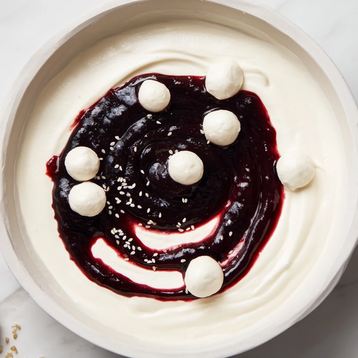 Elegant Galaxy Spiral dessert with berry swirls, dotted with goat cheese and sesame stars.
