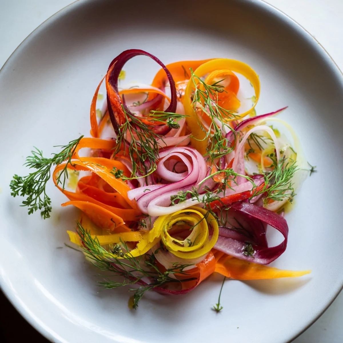 The Spinning Top salad, a vibrant circular arrangement of colorful shaved vegetables and fresh herbs.