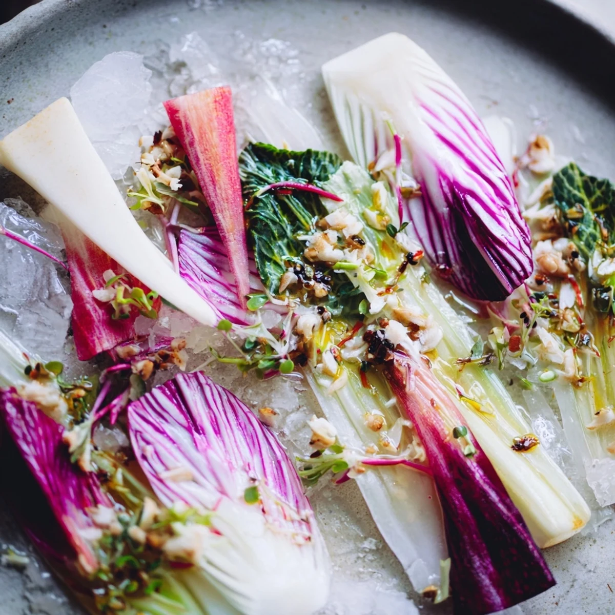 A minimalist Tundra Trek appetizer with pale, thinly sliced vegetables artfully arranged on chilled stone.