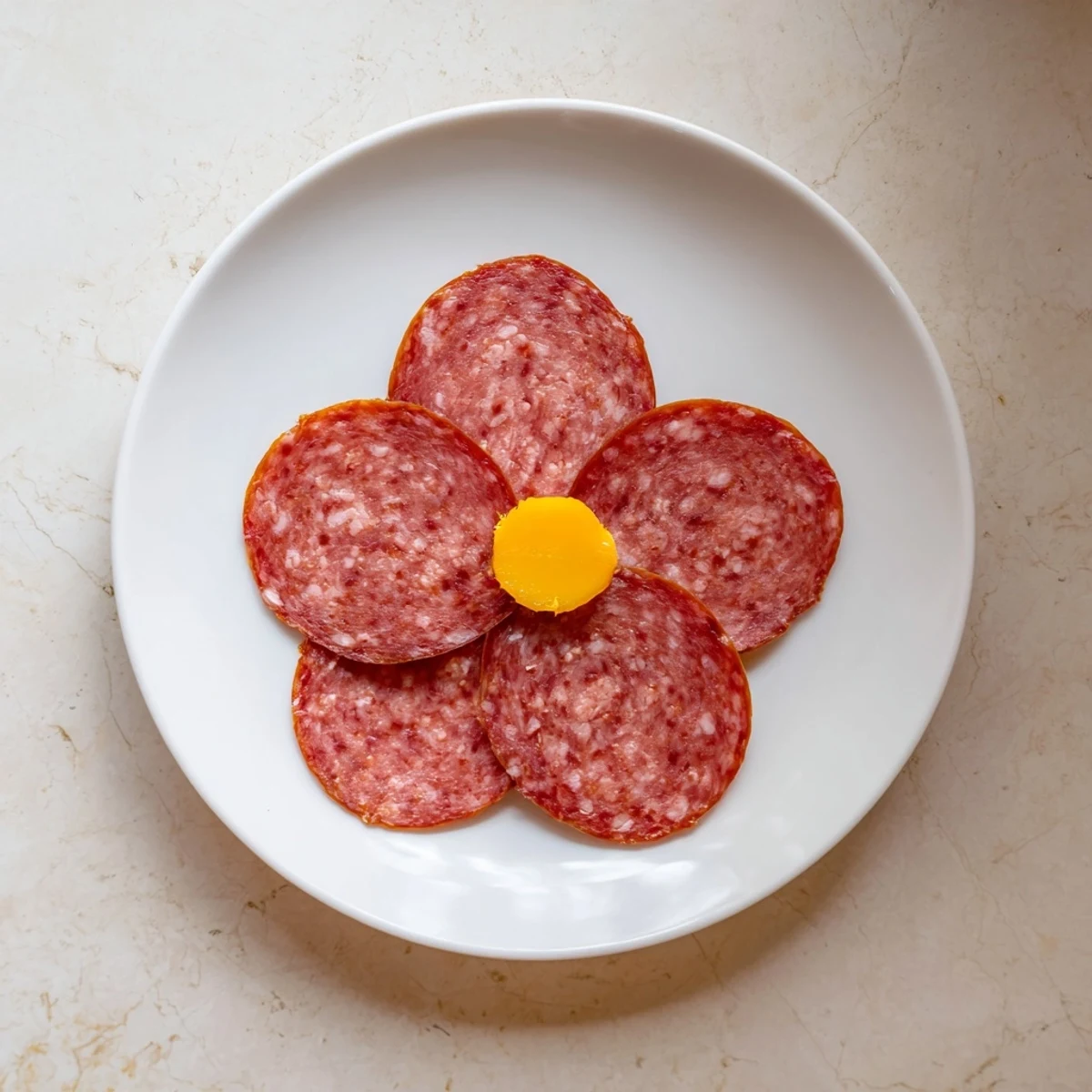 Appetizing Tudor Rose appetizer: five salami petals elegantly surround a cheese center for a perfect bite.