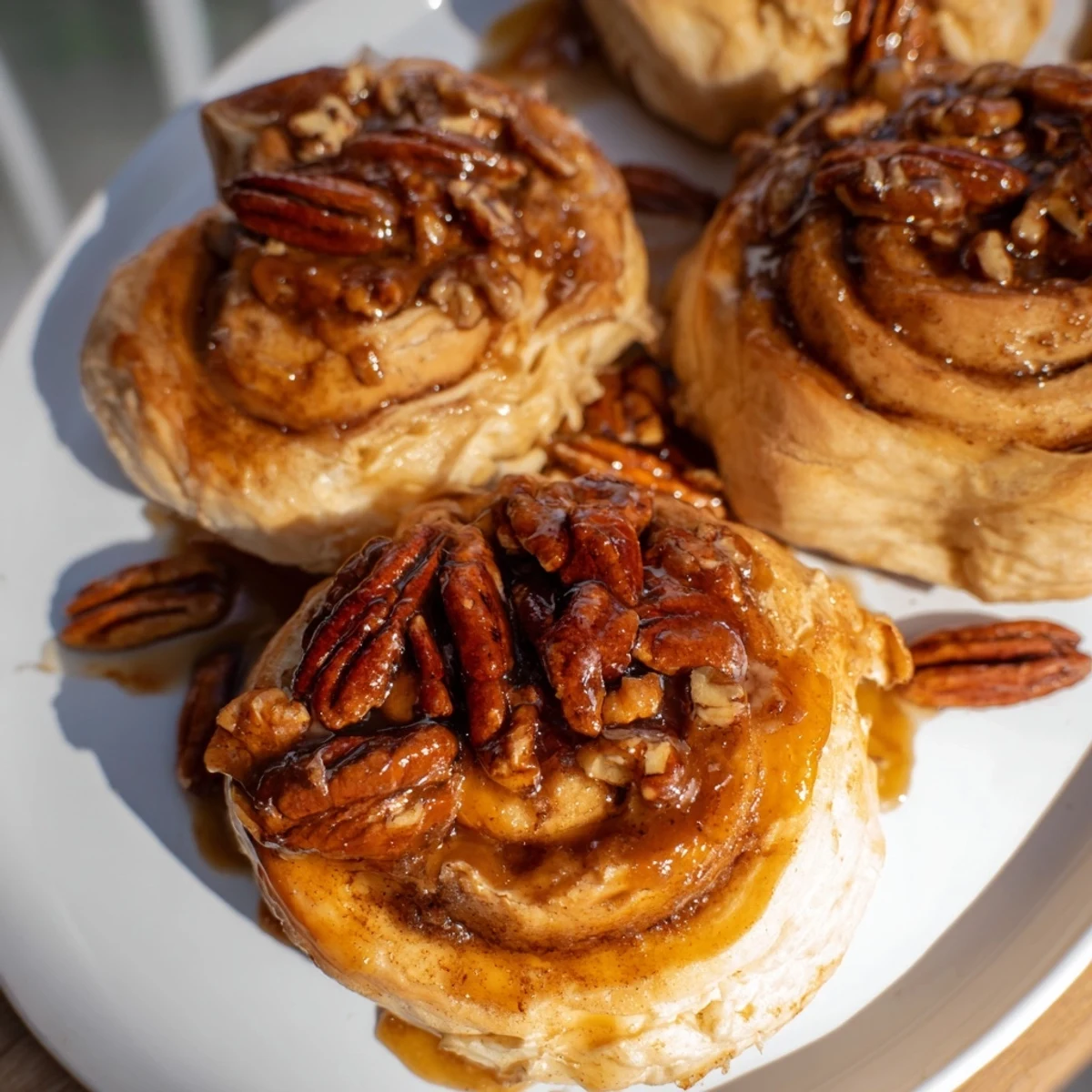 Warm, gooey Pecan and Honey Sticky Buns with golden, caramelized pecan topping, perfect for breakfast.