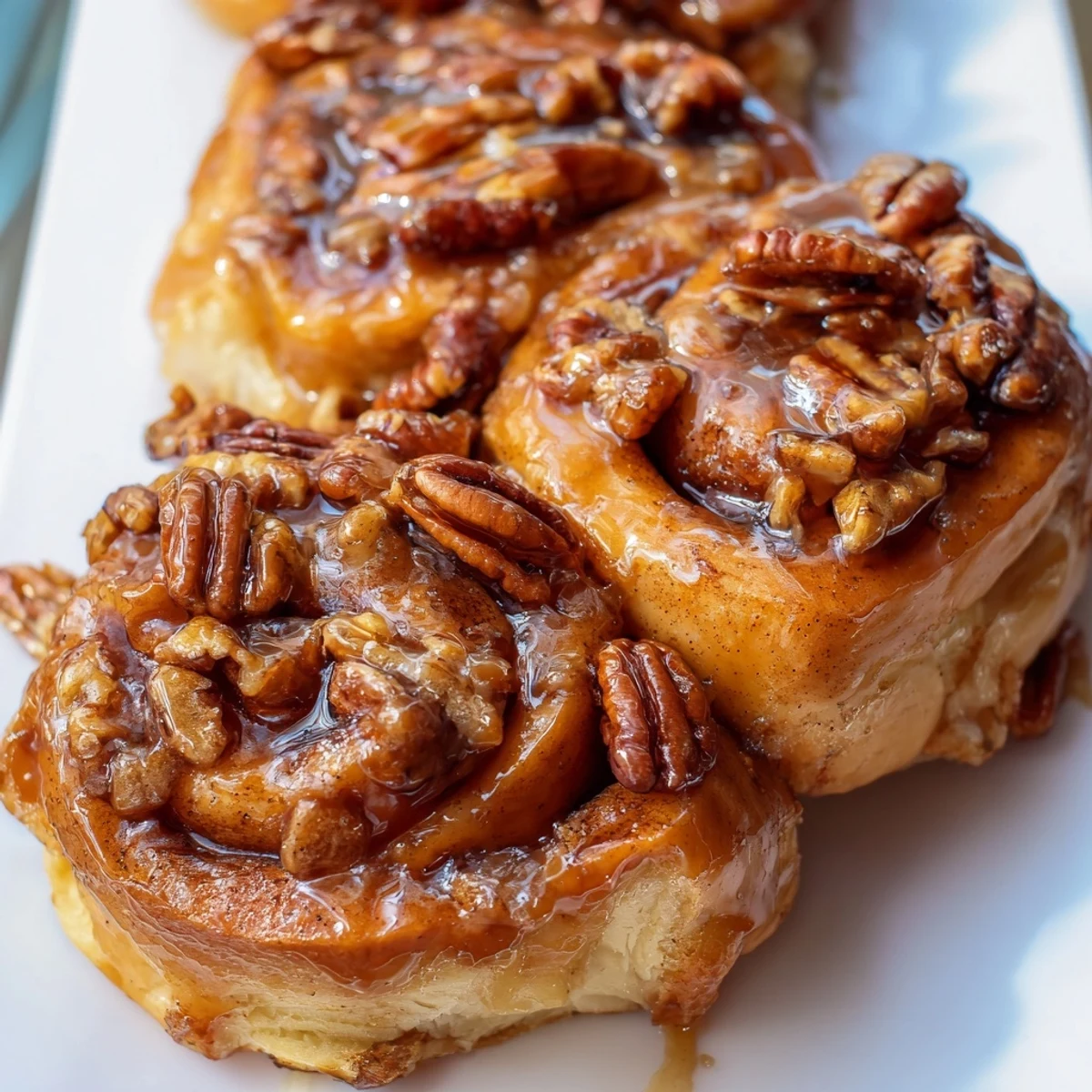 Close-up of decadent Pecan and Honey Sticky Buns with sticky caramel, perfect for sharing around the table.