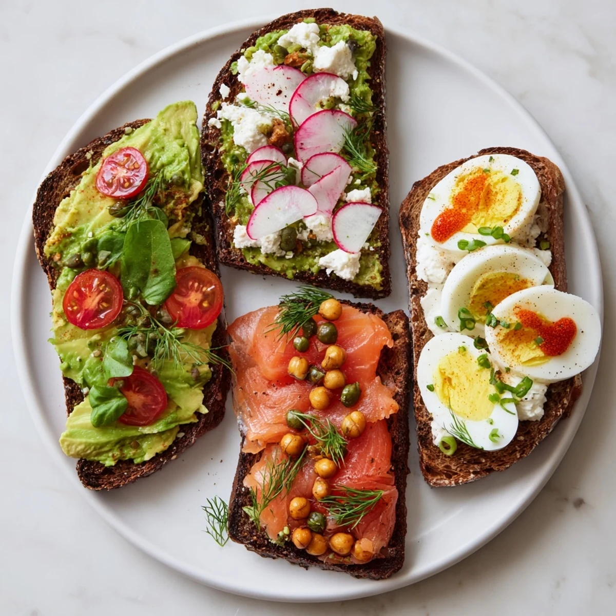 Vibrant avocado toast four ways, featuring fresh toppings and toasted sourdough bread for a delicious snack.
