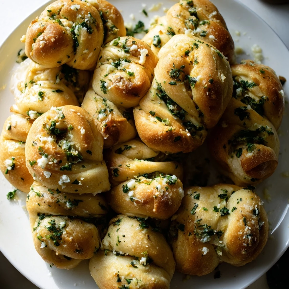 Golden-brown homemade garlic knots, glistening with garlic butter, perfect for a cozy snack.