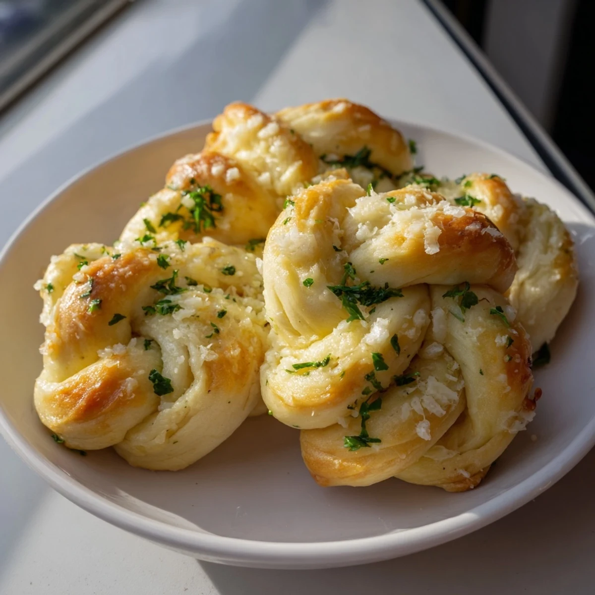 Close-up of baked homemade garlic knots, showing an inviting texture, brushed with herb-infused butter.