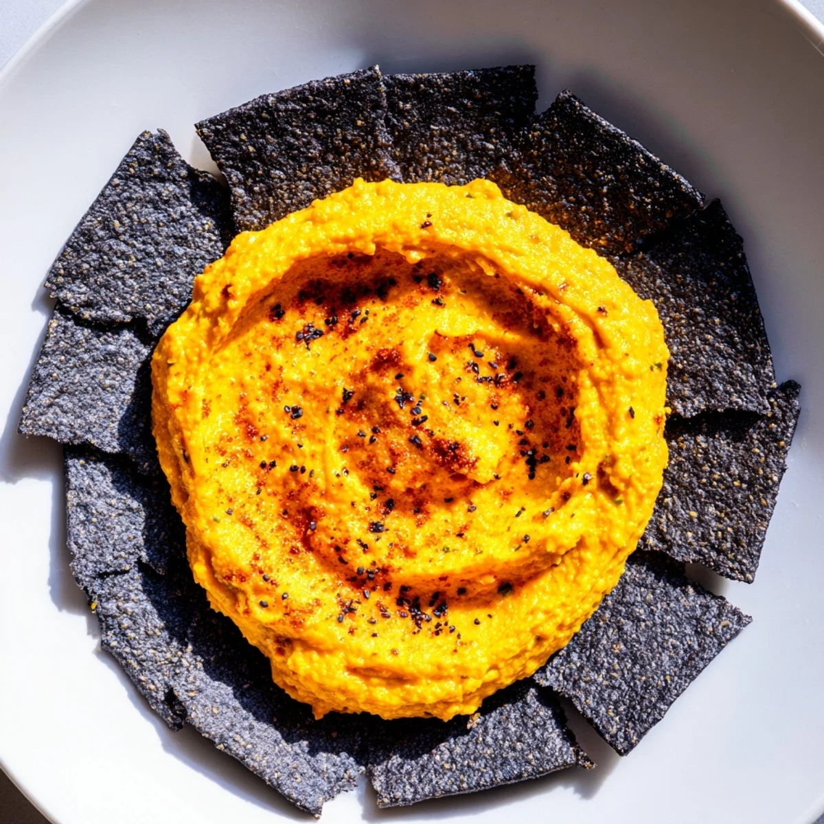 The Midnight Sun appetizer presents vibrant orange dip encircled by dark, crispy charcoal crackers; perfect for guests.