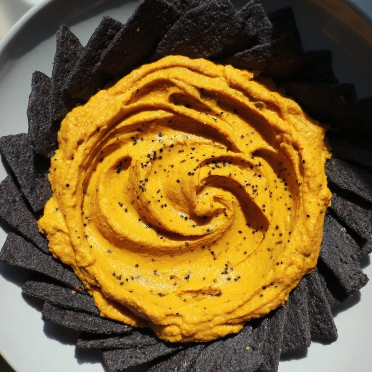 Vivid Midnight Sun recipe photo: a bright carrot dip ringed by contrasting black charcoal crackers; ready to enjoy.