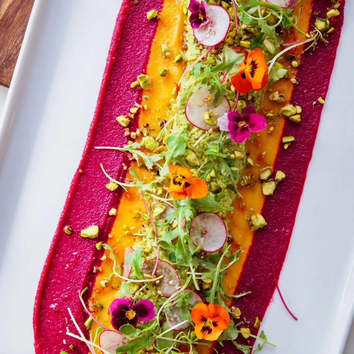 A visually appealing Modernist Stripe with a vibrant red beet purée stripe is artfully plated.