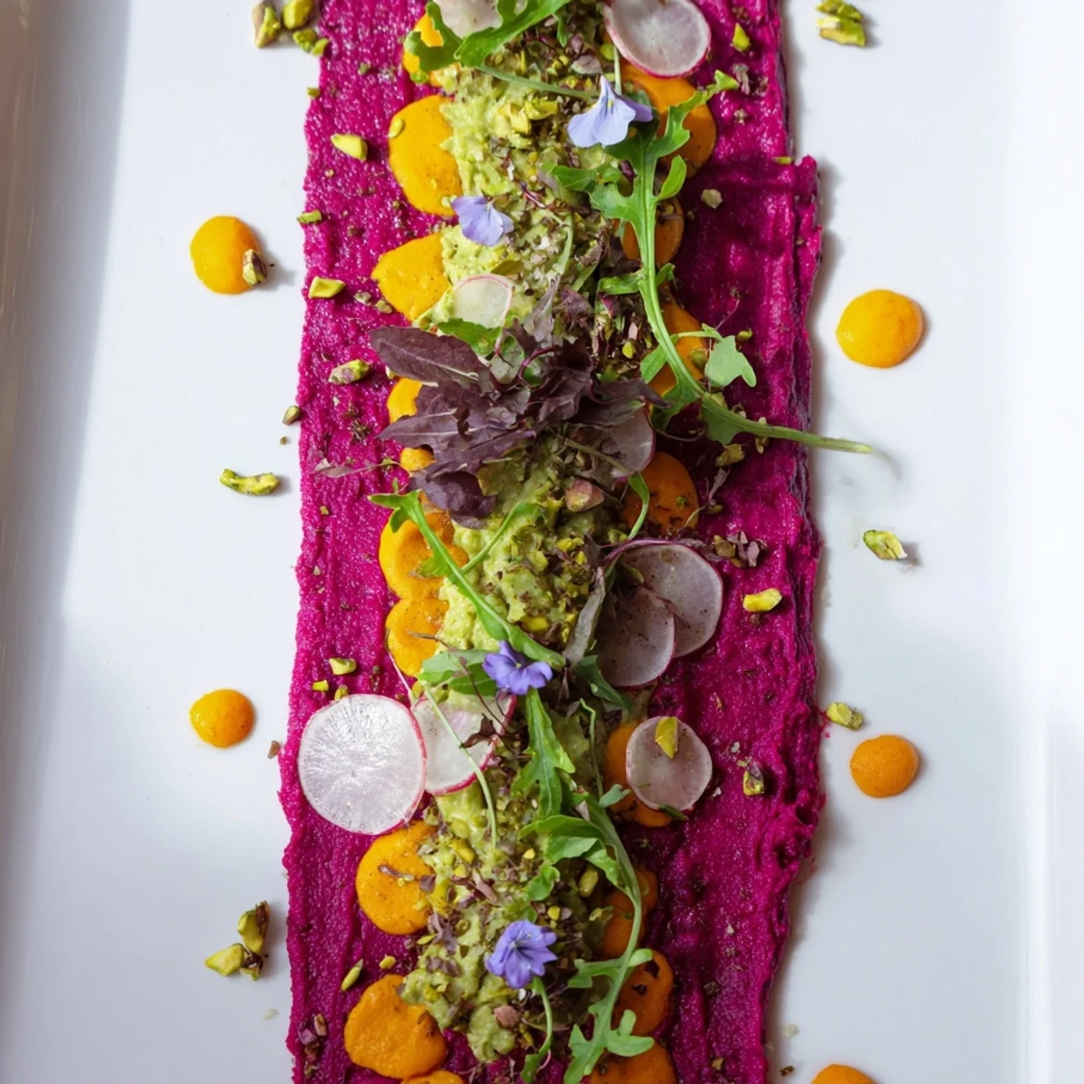 Beautifully plated Modernist Stripe features rich avocado cream with microgreens atop vegetable purées.