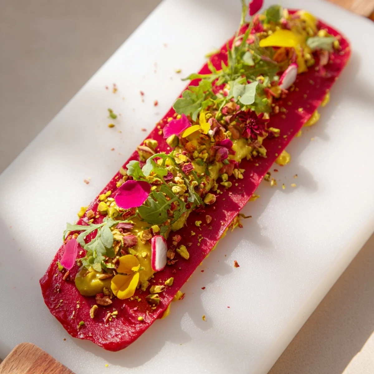 This vegetarian Modernist Stripe displays colorful layers of purées and garnishes for a dramatic effect.