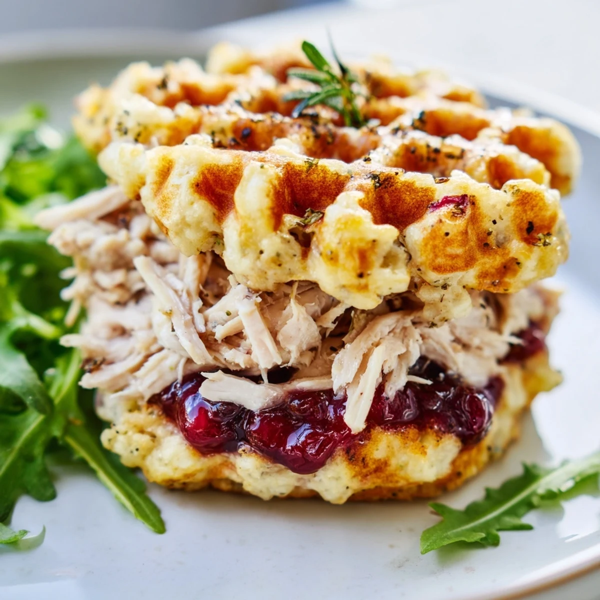 Close-up of a delightful stuffing waffle chicken slider with cranberry mayo, perfect for a cozy fall gathering.