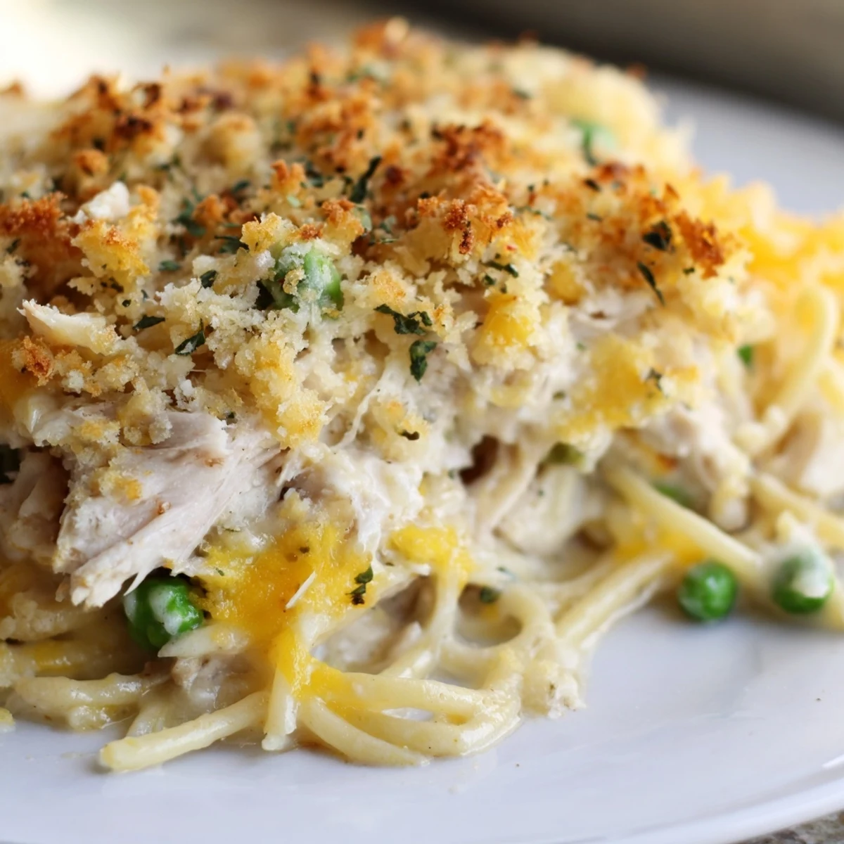Golden-crusted Turkey Tetrazzini bake, a creamy pasta dish brimming with tender turkey and peas.
