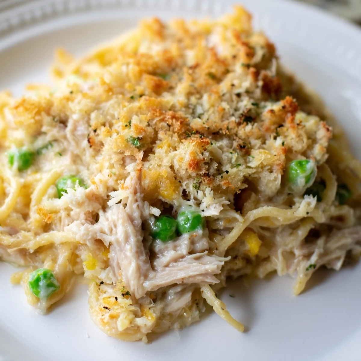 A close-up of a bubbling Turkey Tetrazzini bake topped with crispy, golden panko crumbs, ready to serve.