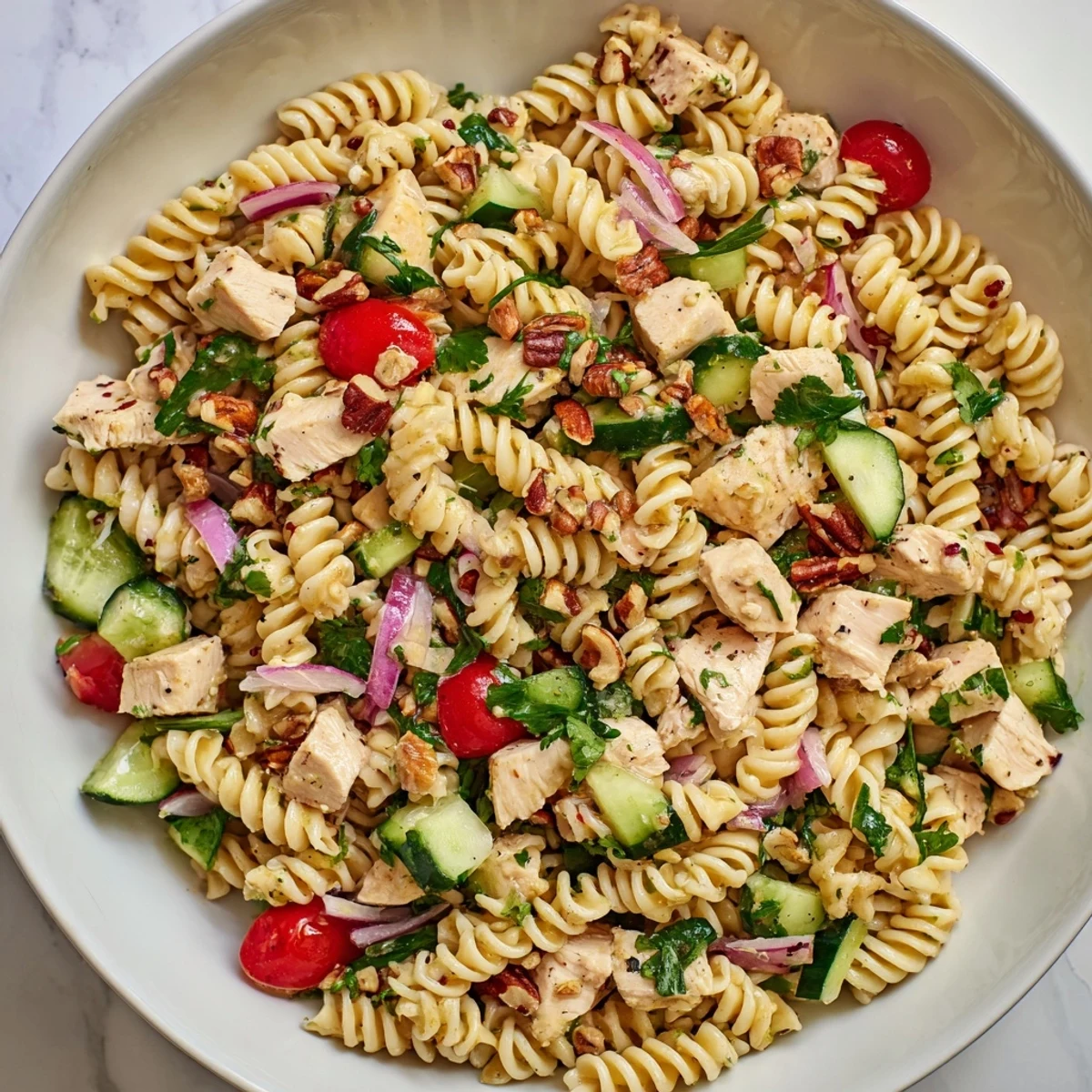 Pasta Salad with Cranberry Vinaigrette showcases a colorful mix of rotini, chicken, and fresh vegetables covered in dressing.