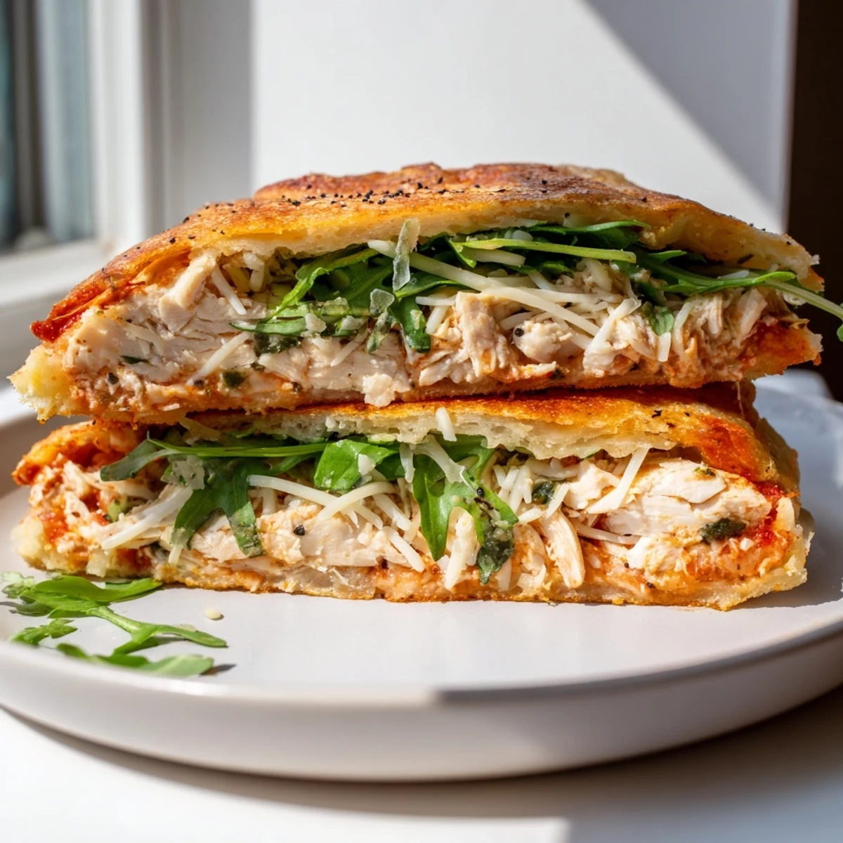 Close-up of a perfectly grilled Leftover Pizza Chicken Sandwich, showcasing layers of toppings and crisp pizza base.