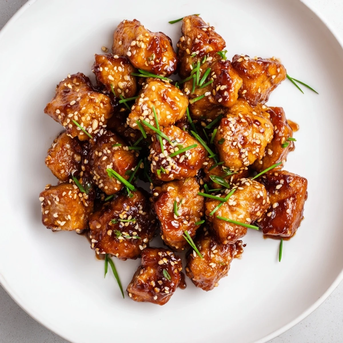 Golden-brown Air Fryer Turkey Bites, glistening with honey glaze and sprinkled with green onions, ready to serve.