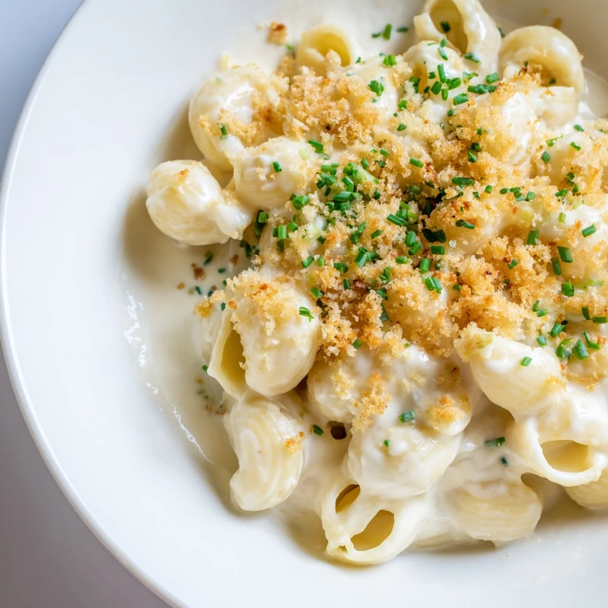 Golden-brown Cottage Cheese Mac and Cheese topped with fresh herbs, ready for a hearty meal.