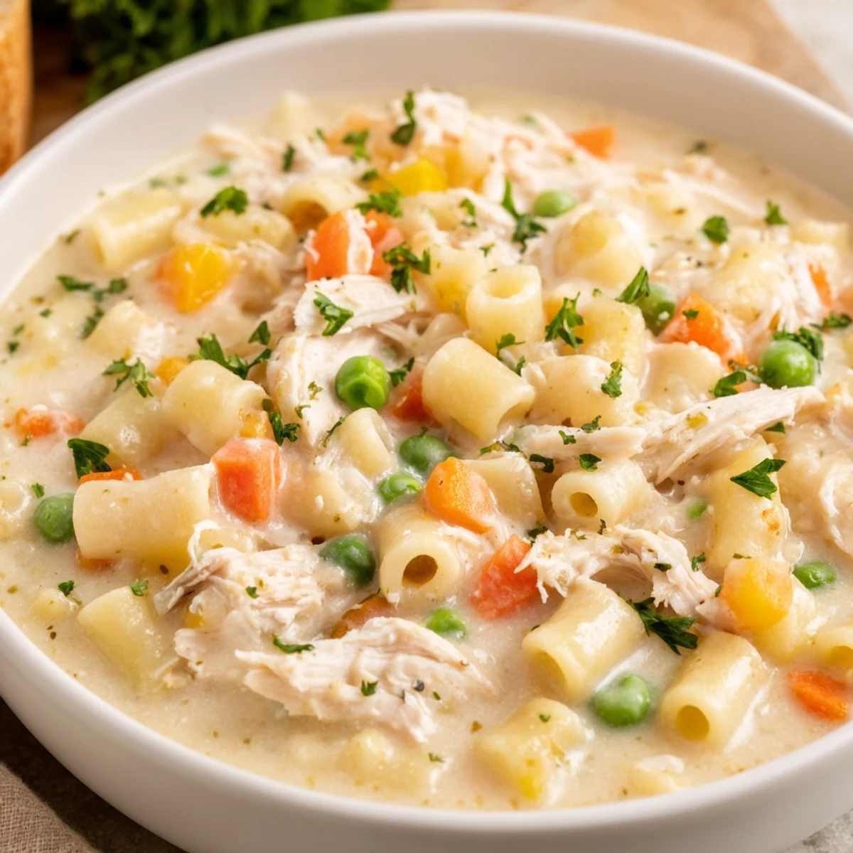Creamy Chicken Pot Pie Pasta Soup, garnished with vibrant parsley, perfect for a cozy dinner.