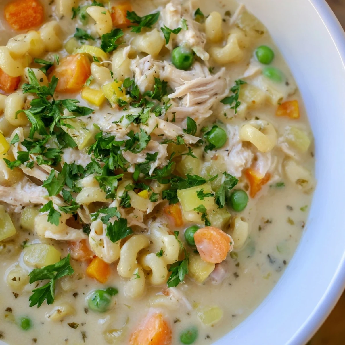 Hearty Chicken Pot Pie Pasta Soup featuring tender chicken and a rich, savory broth.