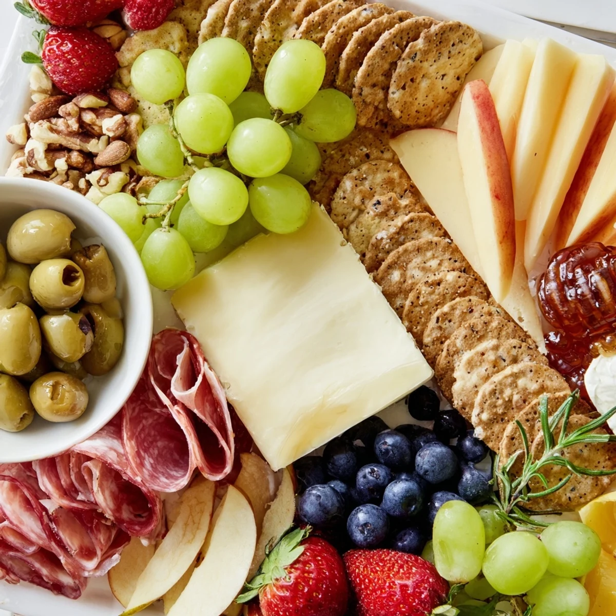 Quick charcuterie snack board with colorful cheeses, meats, and fruits ready to serve for a girl dinner.