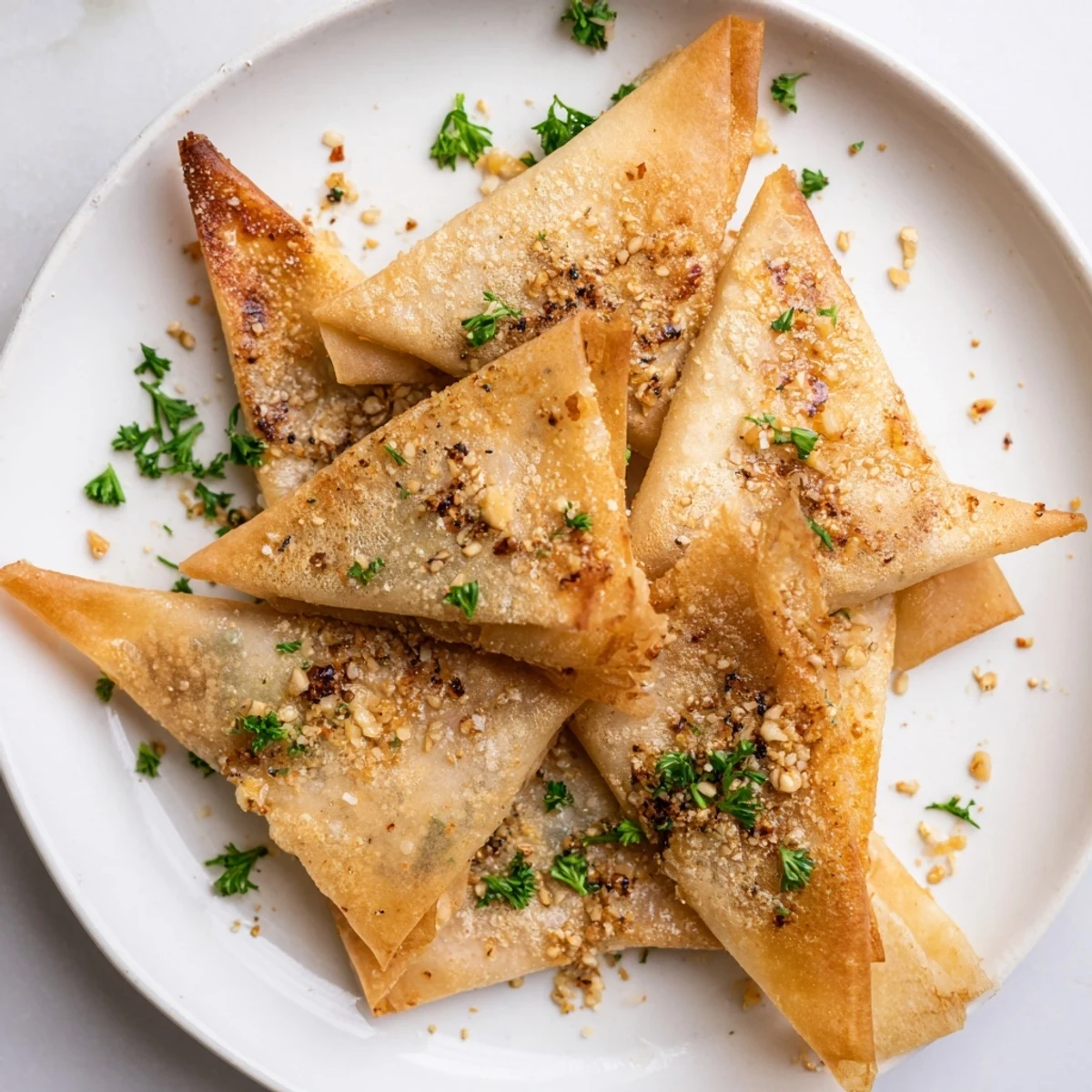 Golden brown, crispy garlic lumpia chips ready to enjoy with a spicy dipping sauce.
