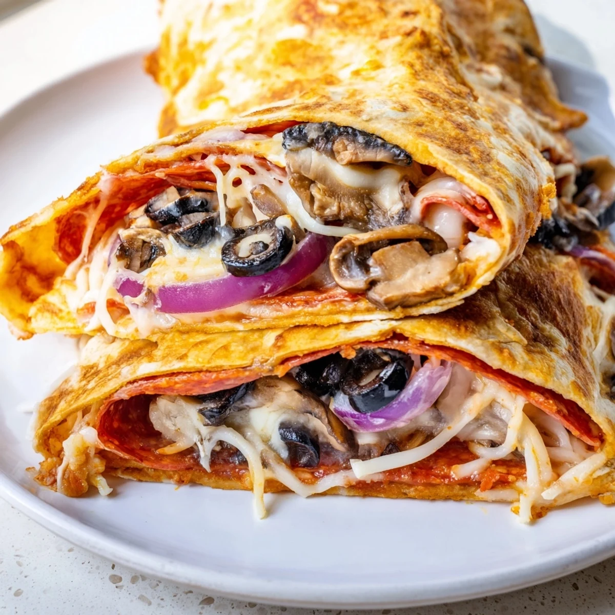 A close-up of a perfectly folded Cheesy Tortilla Pizza Wrap filled with gooey cheese and savory toppings.