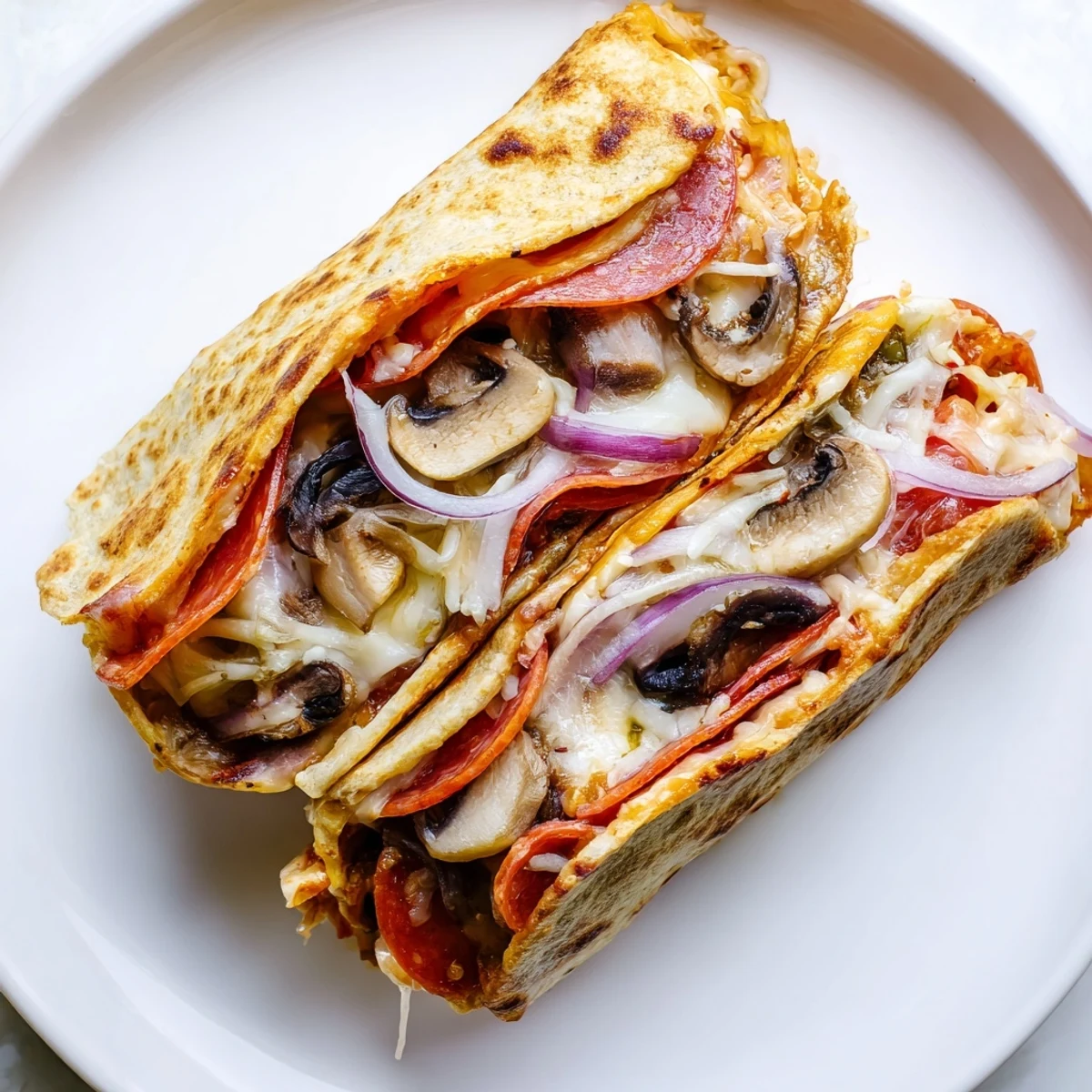 Enjoy a delicious and easy-to-make Cheesy Tortilla Pizza Wrap, perfect for a quick lunch or snack.