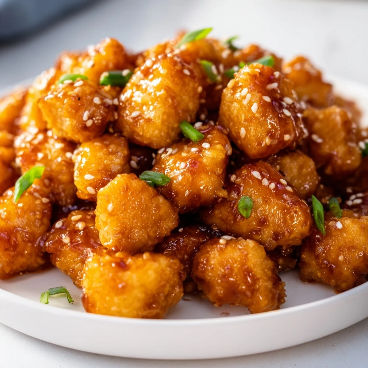 Crispy Honey-Sriracha Chicken Bites glistening from the sweet and spicy glaze ready for serving.