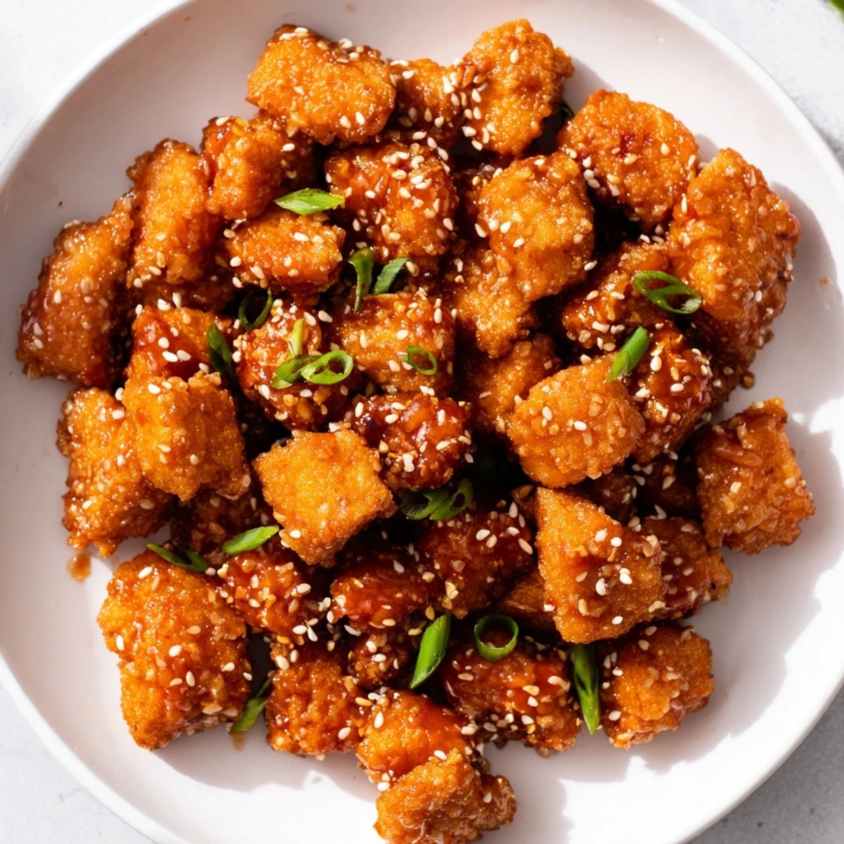 A platter overflowing with savory Honey-Sriracha Chicken Bites, garnished with fresh herbs and sesame seeds.