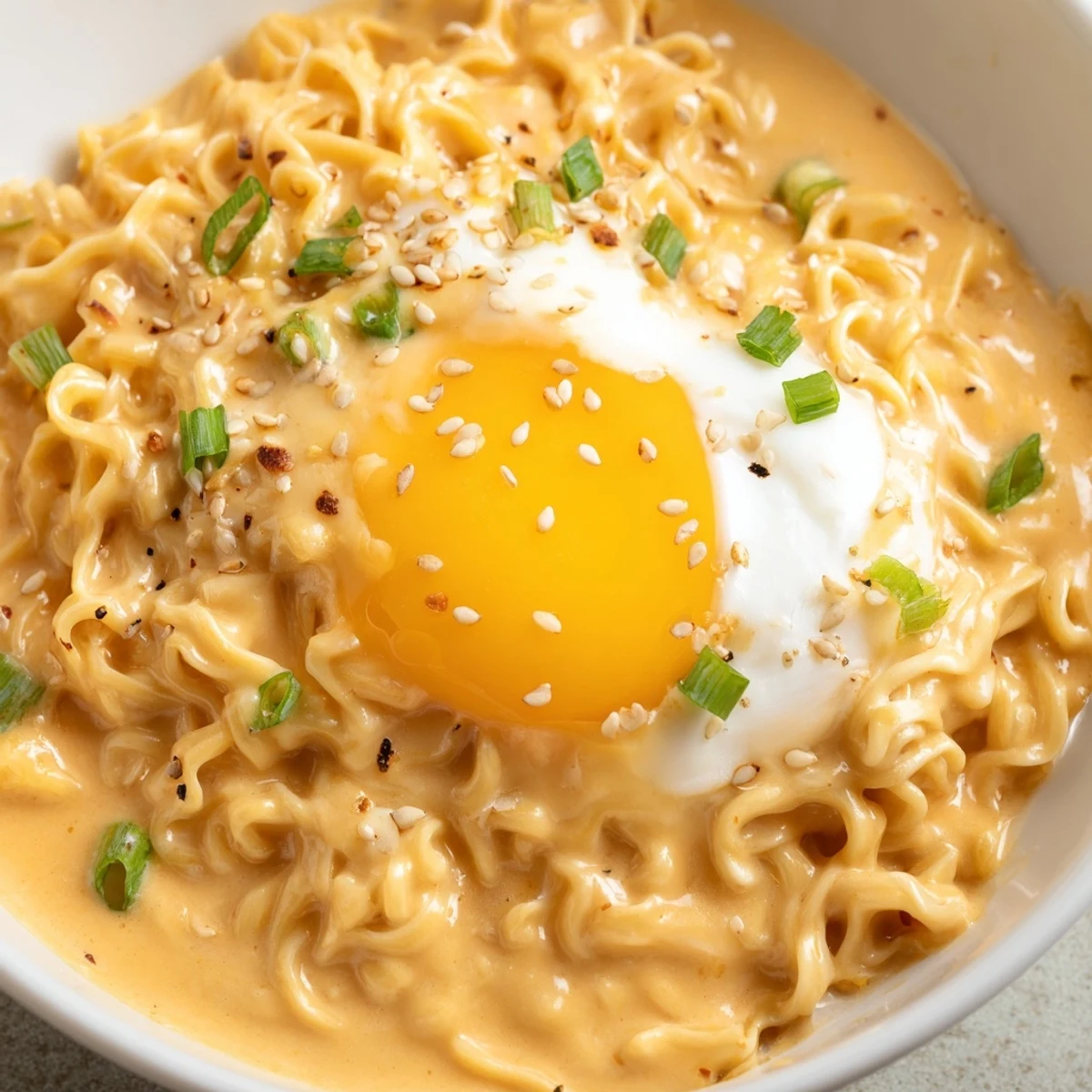 A steaming Instant Cheese Ramen Bowl with a perfectly poached egg, ready to be enjoyed.