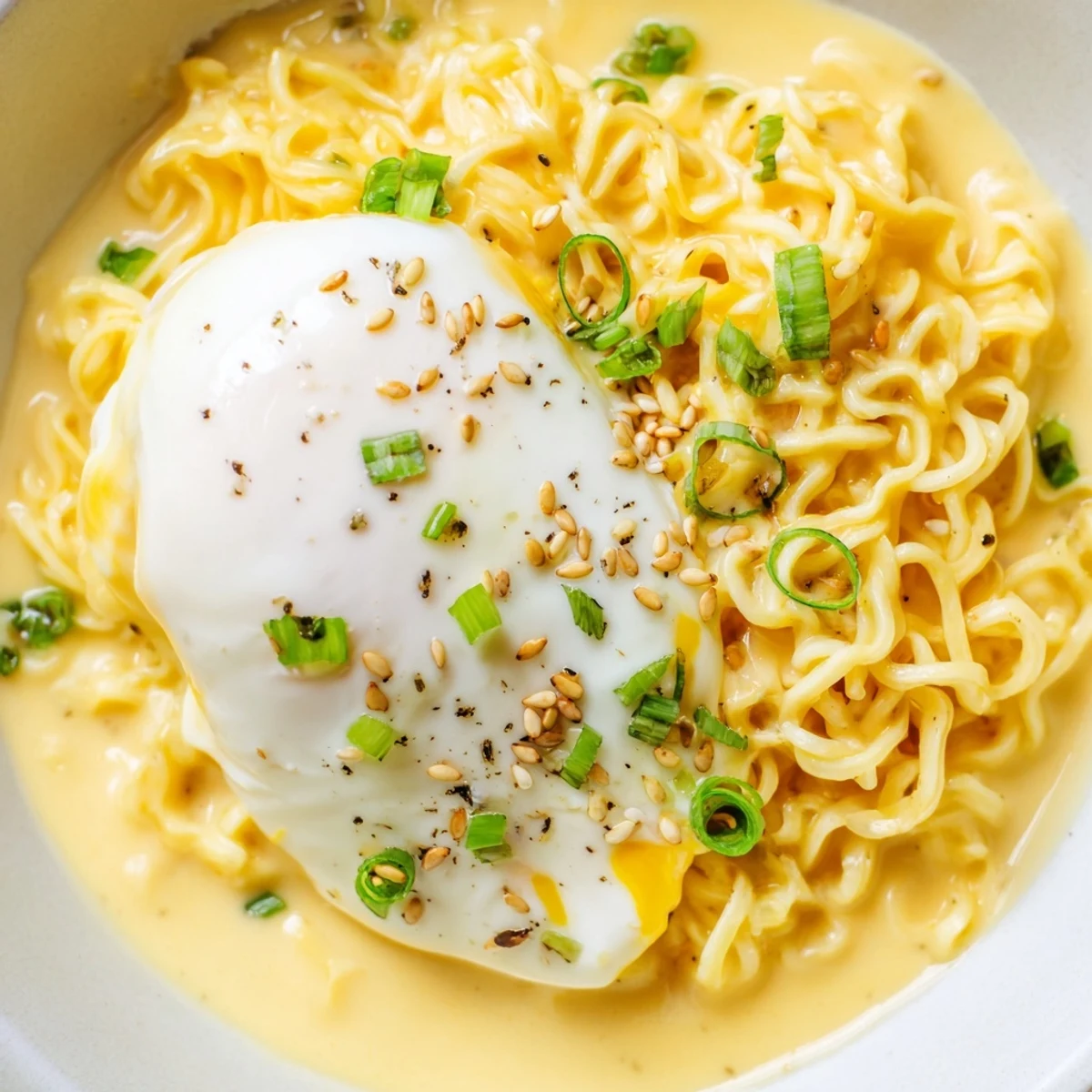 Velvety smooth Instant Cheese Ramen, a comforting bowl of noodle perfection with melted cheese.